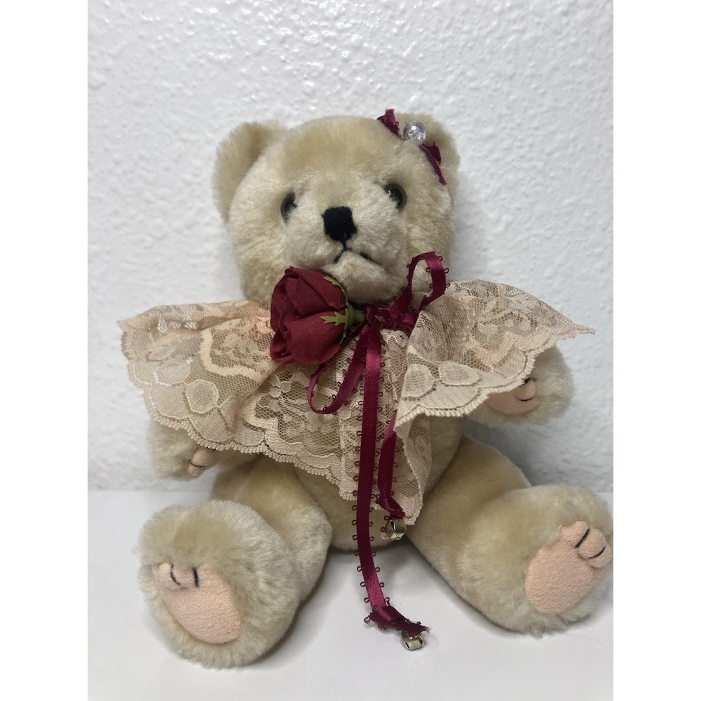 Vtg Jointed Teddy Bear Wearing Burgundy Lace Dress Bells Roses Bows 8 Inches